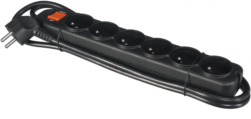Perel douille avec 6 prises, interrupteur et protection contre les surcharges, noir, pour la Belgique
