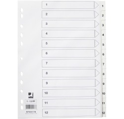 Q-CONNECT intercalaires, A4, PP, 11 trous, avec page de garde, jeu de 1-12, blanc