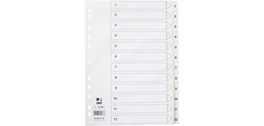 Q-CONNECT intercalaires, A4, PP, 11 trous, avec page de garde, jeu de 1-12, blanc