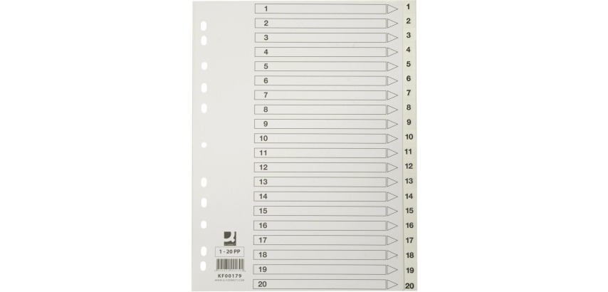 Q-CONNECT dividers, A4, PP, 11 holes, with cover page, set of 1-20, white