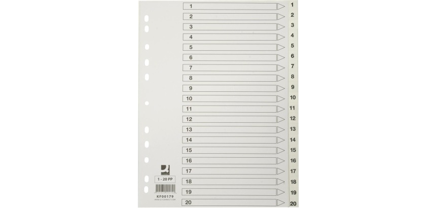 Q-CONNECT intercalaires, A4, PP, 11 trous, avec page de garde, jeu de 1-20, blanc