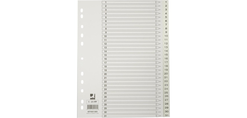 Q-CONNECT dividers, A4, PP, 11 holes, with cover page, set of 1-31, white