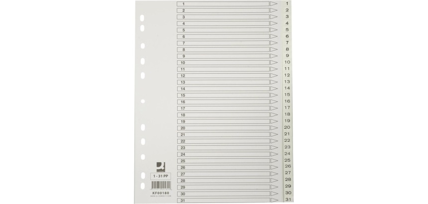 Q-CONNECT dividers, A4, PP, 11 holes, with cover page, set of 1-31, white
