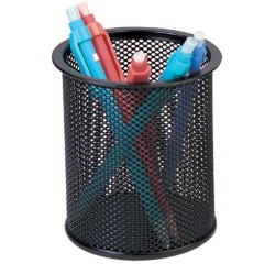 En_cubilete portalapices q-connect negro metal redondo rejilla diametro 86 mm alto 105 mm