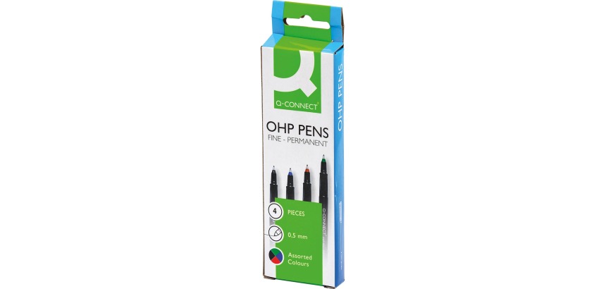 Q-CONNECT OHP marker, permanent, fijn, set van 4 stuks in geassorteerde kleuren