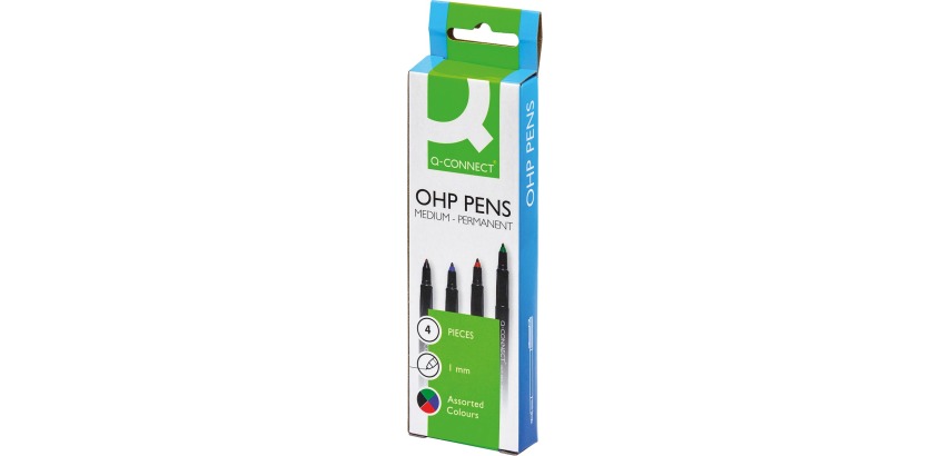 Q-CONNECT OHP marker, permanent, medium, set van 4 stuks in geassorteerde kleuren