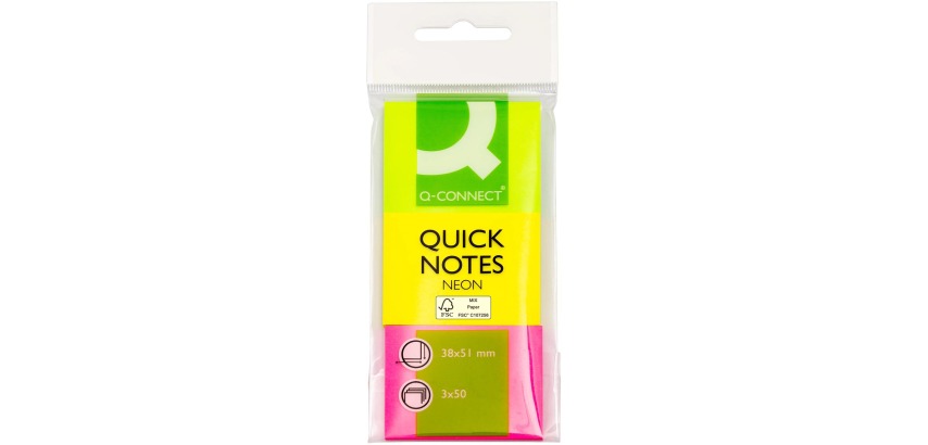 Q-CONNECT Quick Notes, ft 38 x 51 mm, 50 feuilles, étui de 3 blocs en couleurs néon