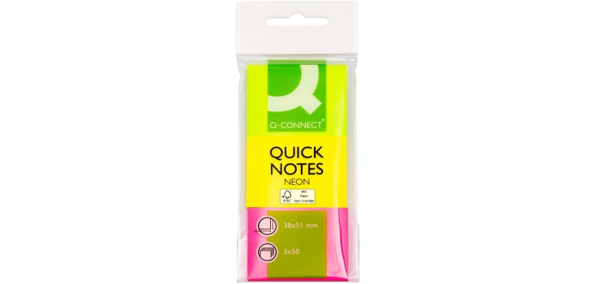 Q-CONNECT Quick Notes, ft 38 x 51 mm, 50 vel, etui van 3 blokken in neonkleuren