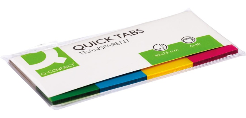 Q-CONNECT Quick Tabs, Größe 25 x 45 mm, 4 x 40 Tabs, sortierte Farben