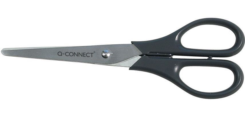 Q-CONNECT Schere, 18 cm, rechts in links, runde Spitzen, Edelstahl, schwarz, Blister mit 1 Stück