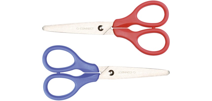 Q-CONNECT scissors, 13 cm, right-handed and left-handed, round tips, stainless steel, assorted colors, blister pack of 1 piece