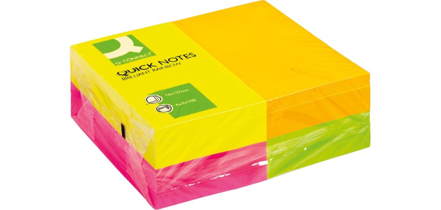 Q-CONNECT Quick Notes, ft 76 x 127 mm, 100 feuilles, paquet de 12 blocs en 4 couleurs néon