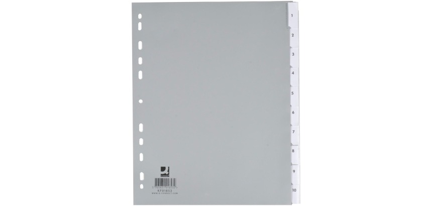 Q-CONNECT dividers, A4, PP, 11 holes, 10 tabs, grey