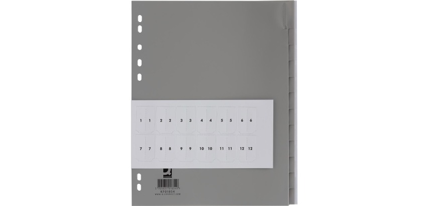 Q-CONNECT dividers, A4, PP, 11 holes, 12 tabs, gray