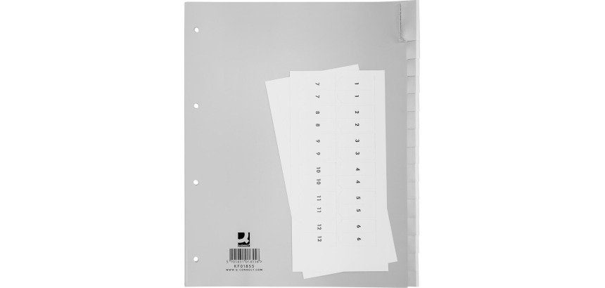 Q-CONNECT dividers, A4, PP, 4 holes, 15 tabs, gray