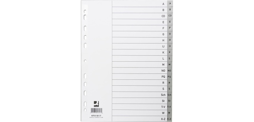 Q-CONNECT dividers, A4, PP, 11 holes, with cover page, A-Z set, 20 tabs, gray