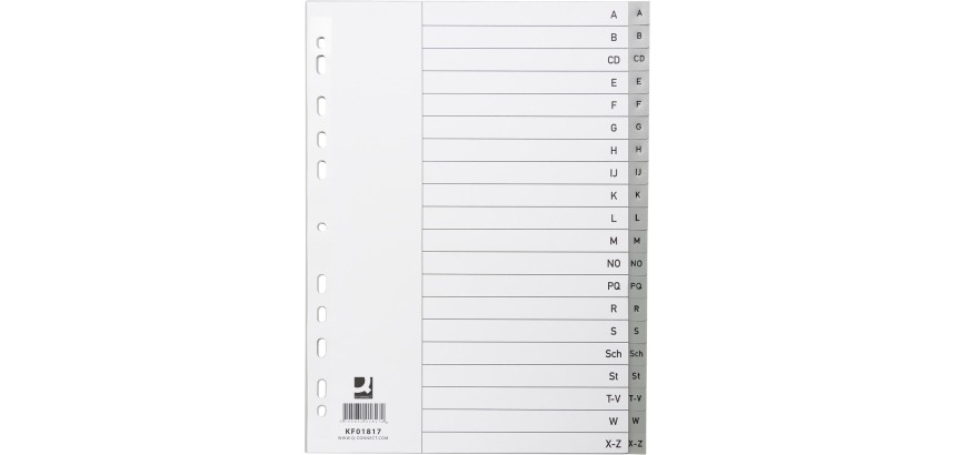 Q-CONNECT tabbladen, A4, PP, 11-gaatsperforatie, met indexblad, set van A-Z, 20 tabs, grijs