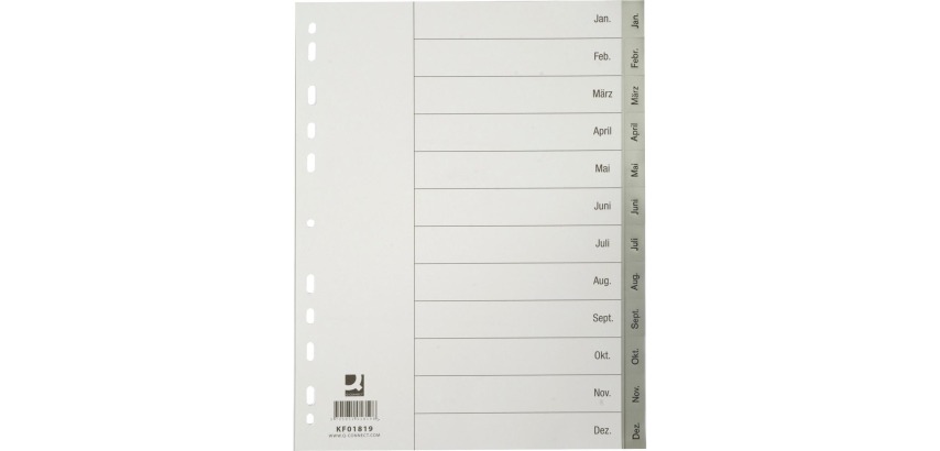 Q-CONNECT intercalaires, A4, PP, 11 trous, avec page de garde, jeu de Jan-Déc, gris