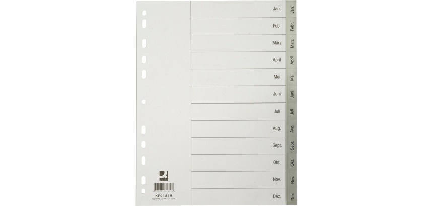 Q-CONNECT tabbladen, A4, PP, 11-gaatsperforatie, met indexblad, set van Jan-Dec, grijs