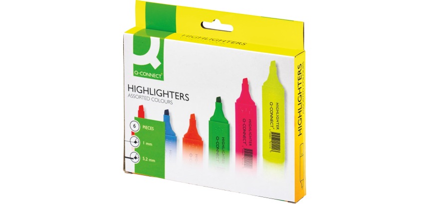 Rotulador q-connect fluorescente punta biselada caja de 6 unidades colores surtidos