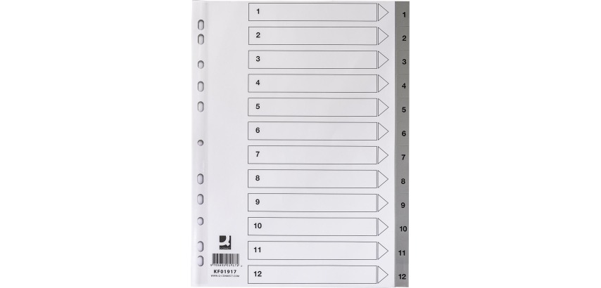 Q-CONNECT Register, A4, PP, 11 Löcher, mit Deckblatt, Satz von 1-12, grau