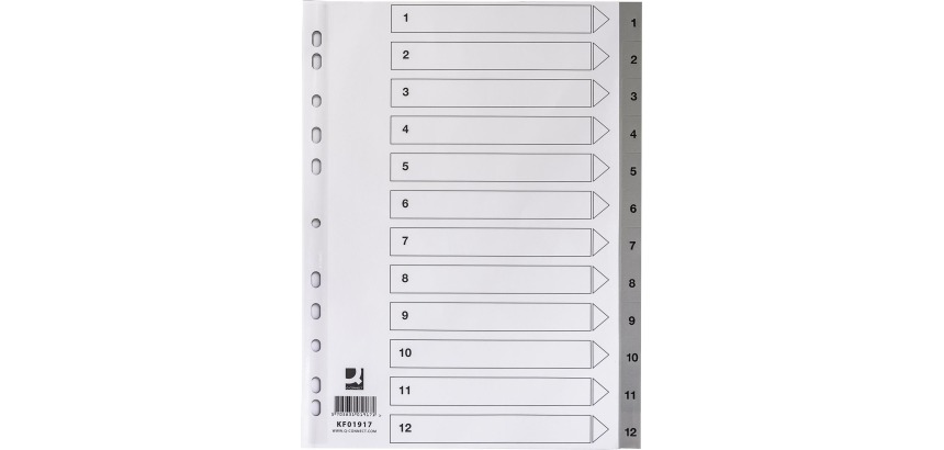 Q-CONNECT intercalaires, A4, PP, 11 trous, avec page de garde, jeu de 1-12, gris