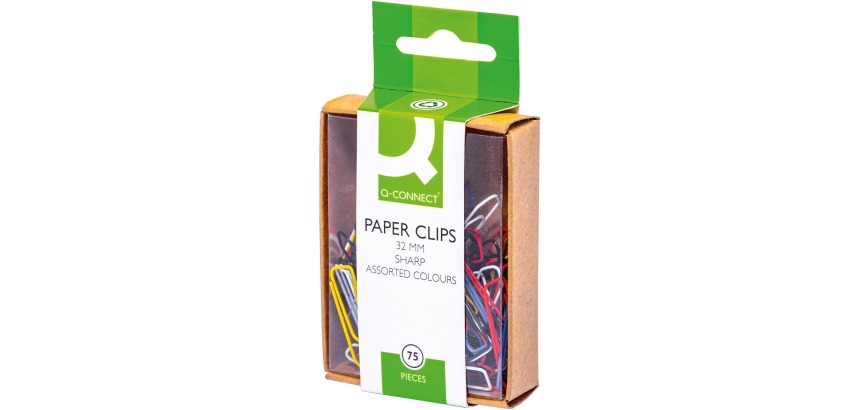 Q-CONNECT all-purpose clips, 32 mm, box of 75 pieces, hangable, assorted colors