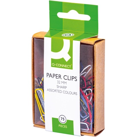 Q-CONNECT papierklemmen, 32 mm, doos van 75 stuks, ophangbaar, geassorteerde kleuren.