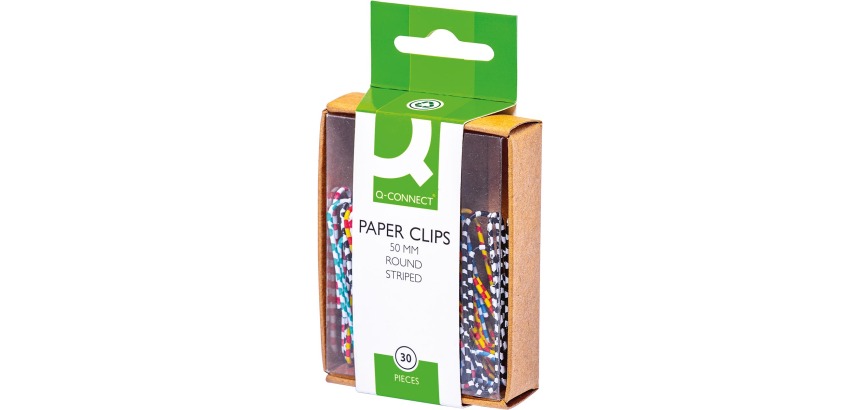 Q-CONNECT all-purpose clips, 50 mm, box of 30 pieces, assorted striped colors