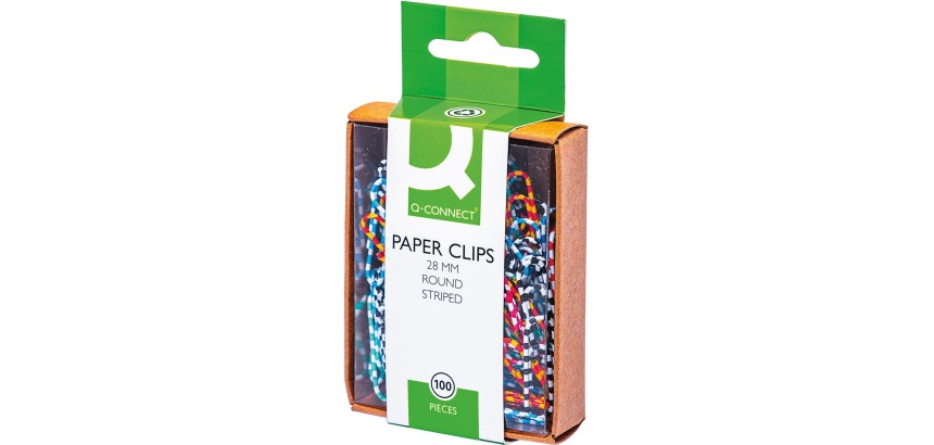 Q-CONNECT papierklemmen, 28 mm, doos van 100 stuks, gestreept in wit en geassorteerde kleuren