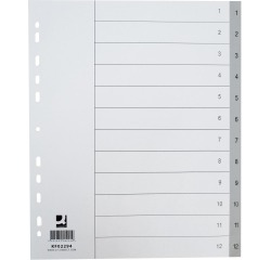 Q-CONNECT intercalaires, A4, PP, 11 trous, avec page de garde, jeu de 1-12, 12 onglets, gris
