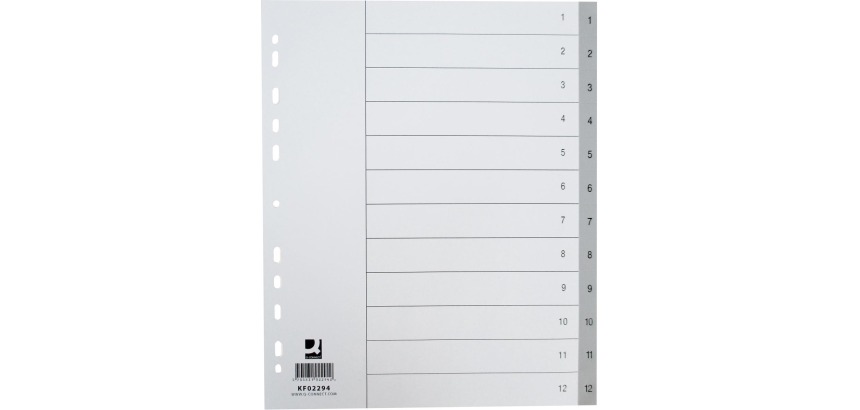 Q-CONNECT intercalaires, A4, PP, 11 trous, avec page de garde, jeu de 1-12, 12 onglets, gris