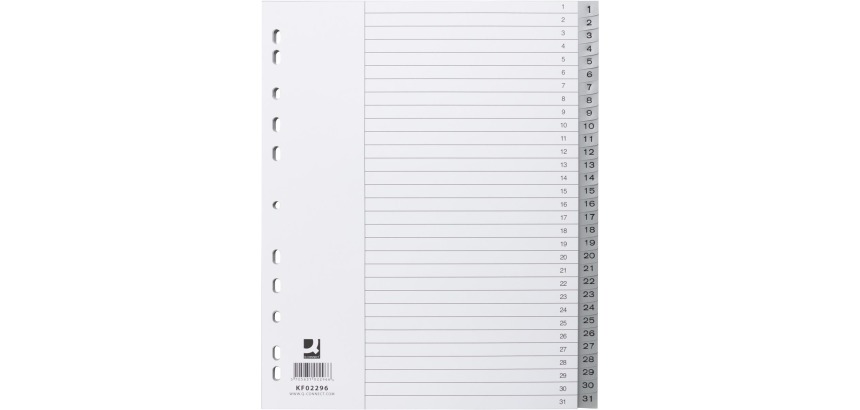 Q-CONNECT dividers, A4, PP, 11-hole perforation, with cover page, set of 1-31, 31 tabs, gray