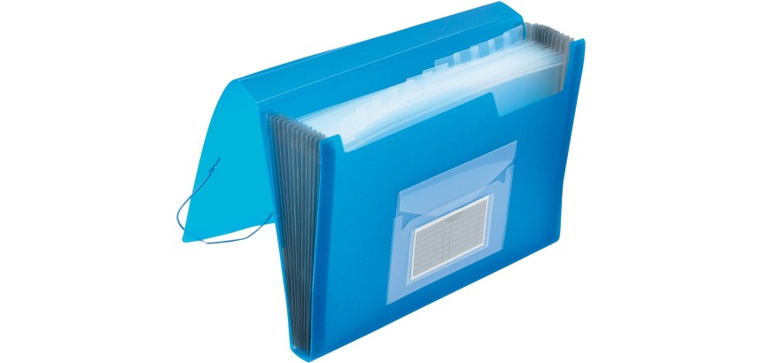 Q-CONNECT file sorter, A4, transparent PP, with 13 compartments, elastic closure, transparent blue