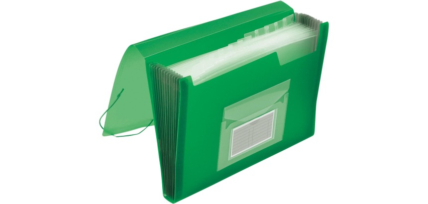 Q-CONNECT sorter, A4, transparent PP, with 13 compartments, elastic closure, transparent green