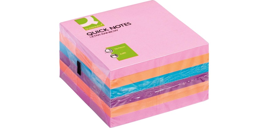 Q-CONNECT Quick Notes, ft 76 x 76 mm, 80 feuilles, paquet de 6 blocs en 4 couleurs assorties