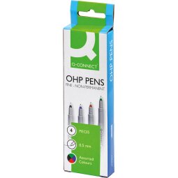 Q-CONNECT OHP marker, non permanent, fijn, set van 4 stuks in geassorteerde kleuren