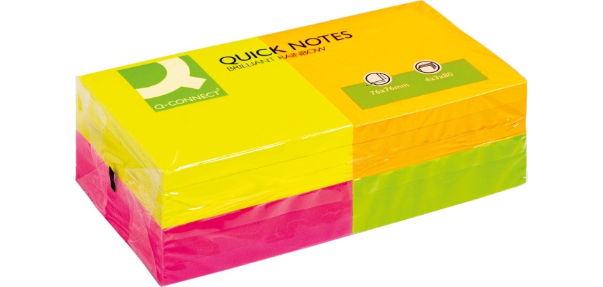 Q-CONNECT Quick Notes, 76 x 76 mm, 80 sheets, pack of 12 pads in 4 neon colors