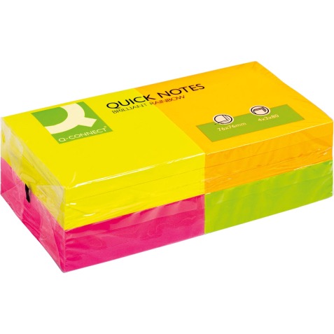 Q-CONNECT Quick Notes, ft 76 x 76 mm, 80 feuilles, paquet de 12 blocs en 4 couleurs néon