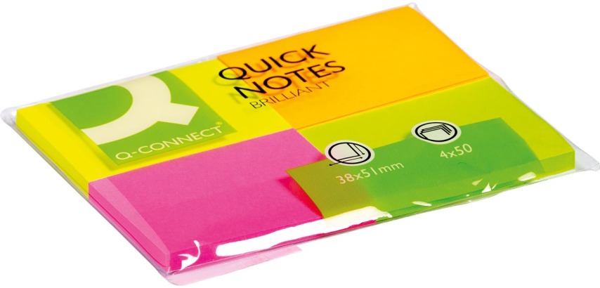 Q-CONNECT Quick Notes, ft 38 x 51 mm, 50 feuilles, paquet de 4 blocs en couleurs néon