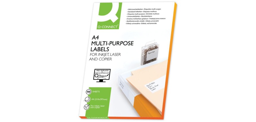 Q-CONNECT étiquettes, blanc, coins carrés, 210 x 297 mm, 100 feuilles, 1 étiquette par feuille