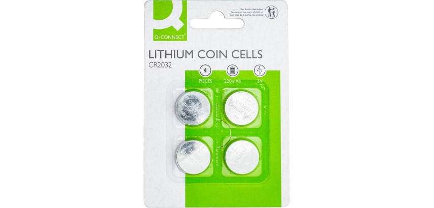 Q-CONNECT knoopcel, lithium, CR2032, blister van 4 stuks