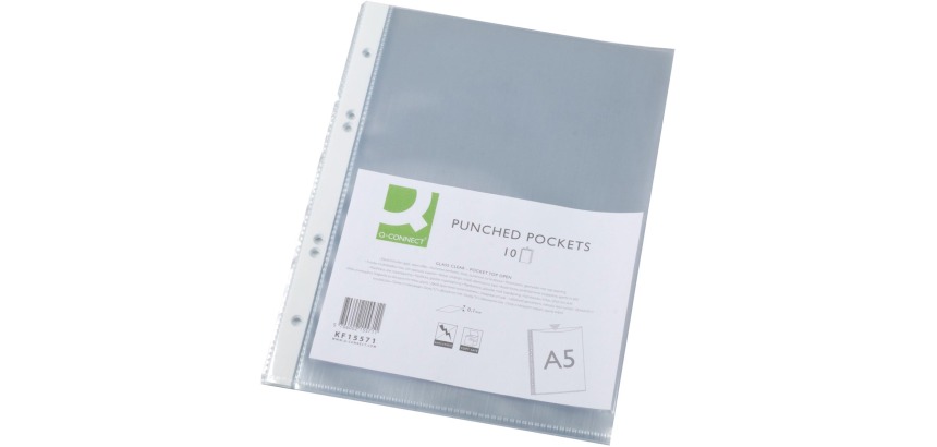 Q-CONNECT geperforeerde showtas A5 4-gaatsperforatie glashelder 100 micron pak van 10 stuks
