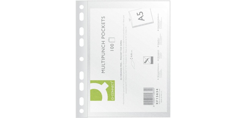 Q-CONNECT punched pocket, A5 size, 9-hole perforation, PP, 50 microns, pack of 100 pieces
