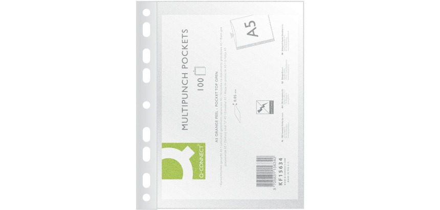 Q-CONNECT punched pocket, A5 size, 9-hole perforation, PP, 50 microns, pack of 100 pieces