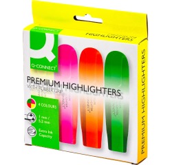EN_Rotulador q-connect fluorescente premium estuche de 4 colores surtidos punta biselada con sujecion de