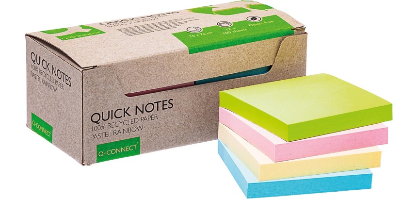 Q-CONNECT Quick Notes Recycles pastel, ft 76 x 76 mm, boîte de 12 pièces en couleurs assorties