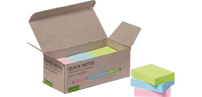 Q-CONNECT Quick Notes Recycling Pastell, Größe 38 x 51 mm, Schachtel mit 12 Stück in verschiedenen Farben