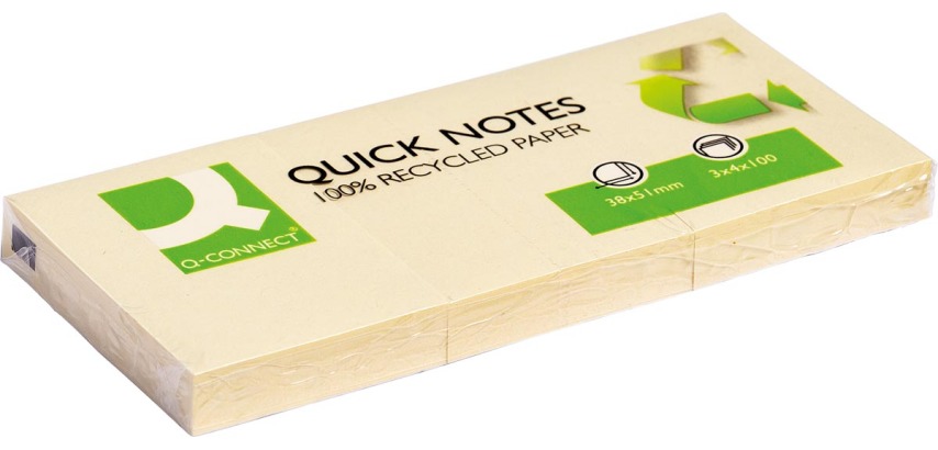 Q-CONNECT Quick Notes Recycled, ft 38 x 51 mm, 100 feuilles, paquet de 3 blocs, jaune