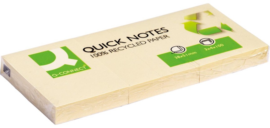 Q-CONNECT Quick Notes Recycled, ft 38 x 51 mm, 100 vel, pak van 3 blokken, geel